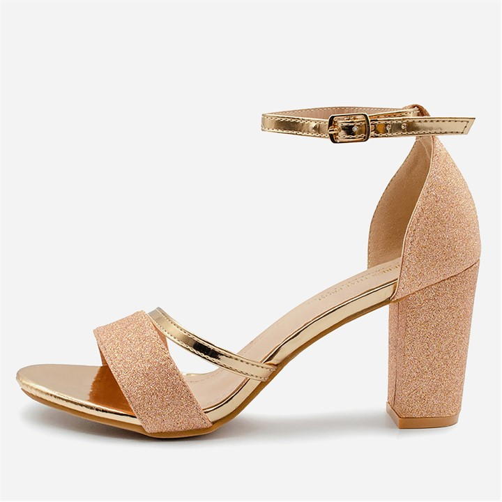 Where's That From Glitter Perla Mid Block Heel Sandals Ladi In Gold
