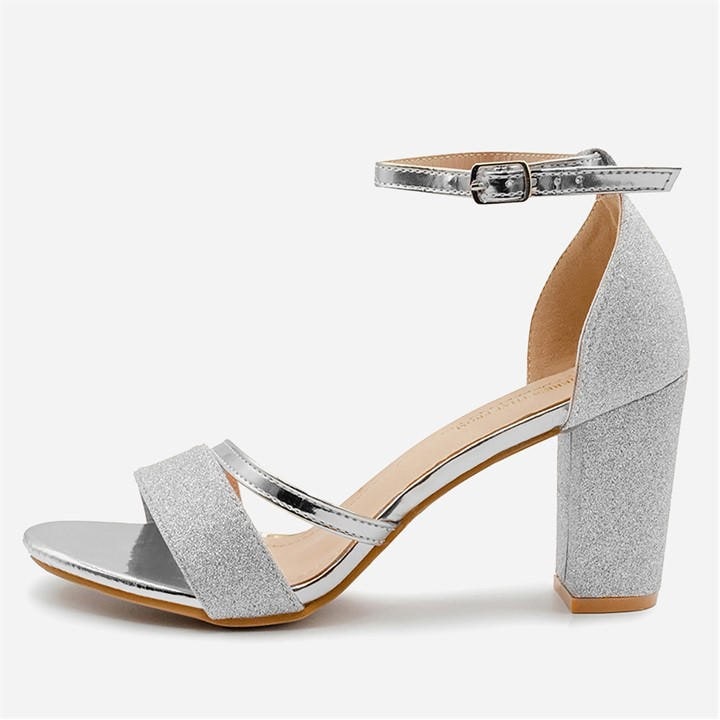 Where's That From Glitter Perla Mid Block Heel Sandals Ladi In Silver