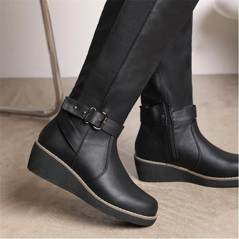 Wheres That From - Knee High Wedge Boots With Strap And Buckle