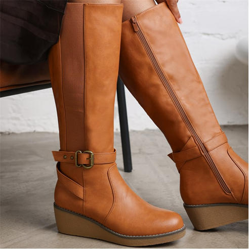Wheres That From - Knee High Wedge Boots With Strap And Buckle