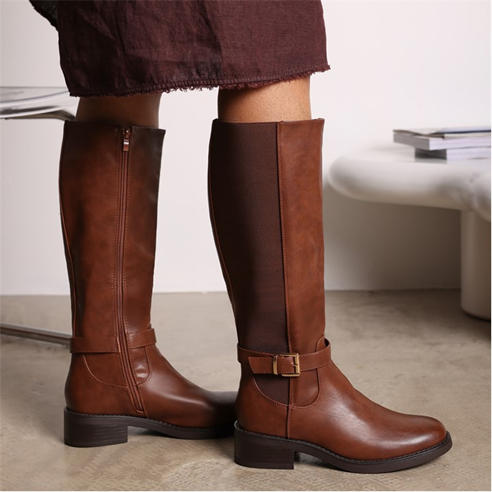 Wheres That From - Knee High Riding Boots With Side Buckle Strap