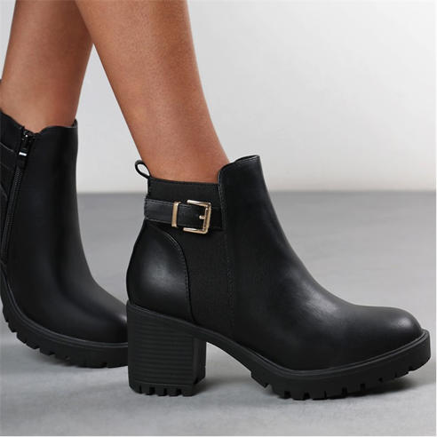 Wheres That From - Chunky Heel Ankle Boots with Buckle
