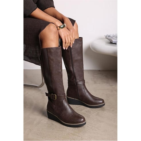 Wheres That From - Where’s Knee High Wedge Boots With Strap And Buckle