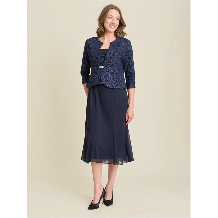 Gina Bacconi Sheryl Textured Jacket And Chiffon Dress - Blue