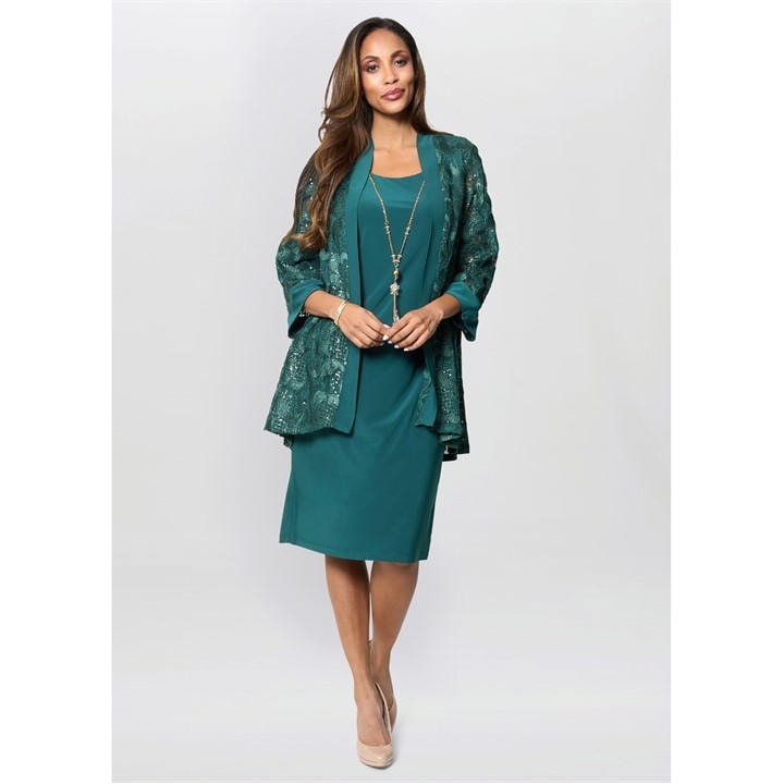 Gina Bacconi Charlee Embroidered Lace Jacket Dress - Green