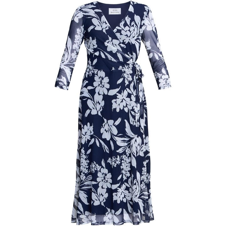 Gina Bacconi Jan Floral Chiffon Wrap Midi Dress - Blue