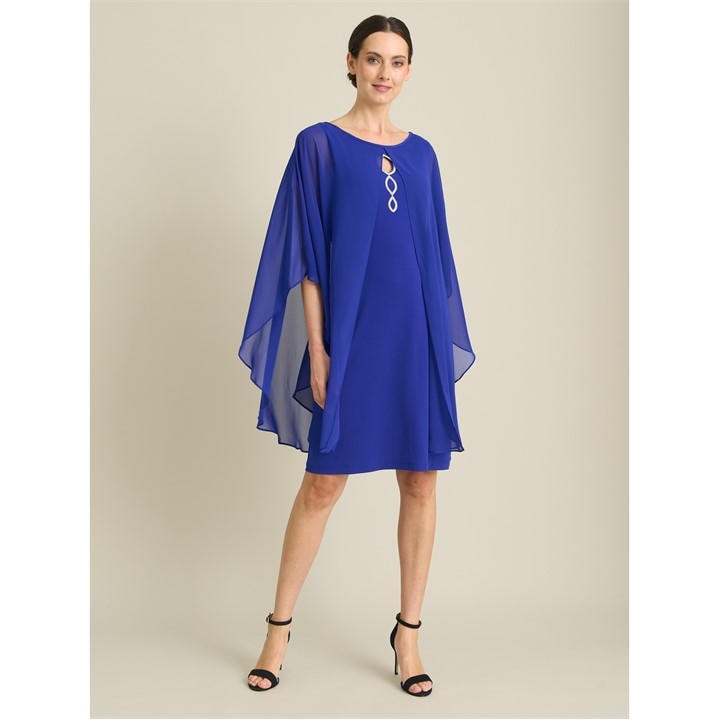 Gina Bacconi Diamante Trim Chiffon Cape Dress - Blue