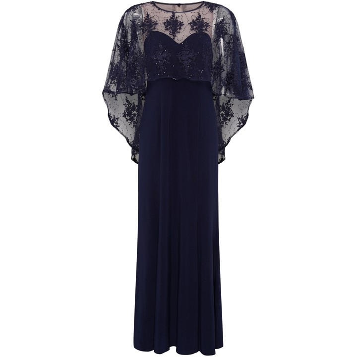 Gina Bacconi Desire Jersey Maxi Dress With Lace Cape - Blue