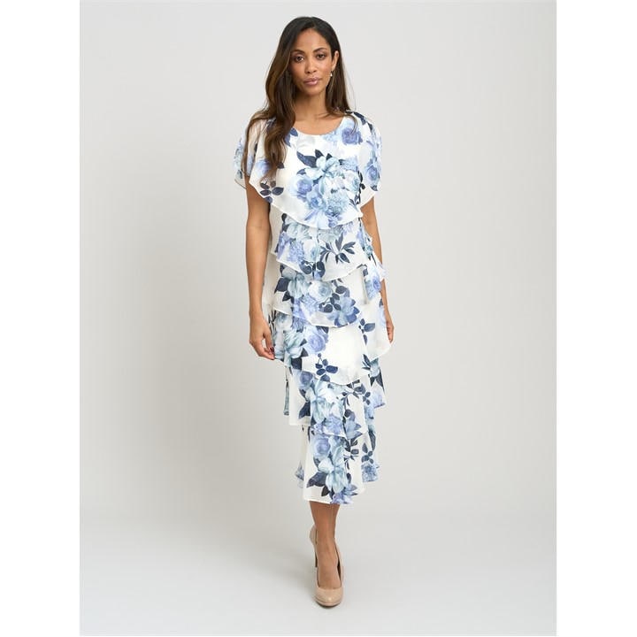 Gina Bacconi Morgan Midi Printed Tiered Chiffon Dress - Blue