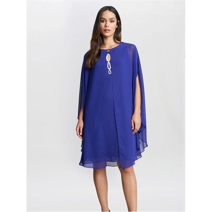 Gina Bacconi Laura Chiffon Cape And Beaded Neck Dress - Blue