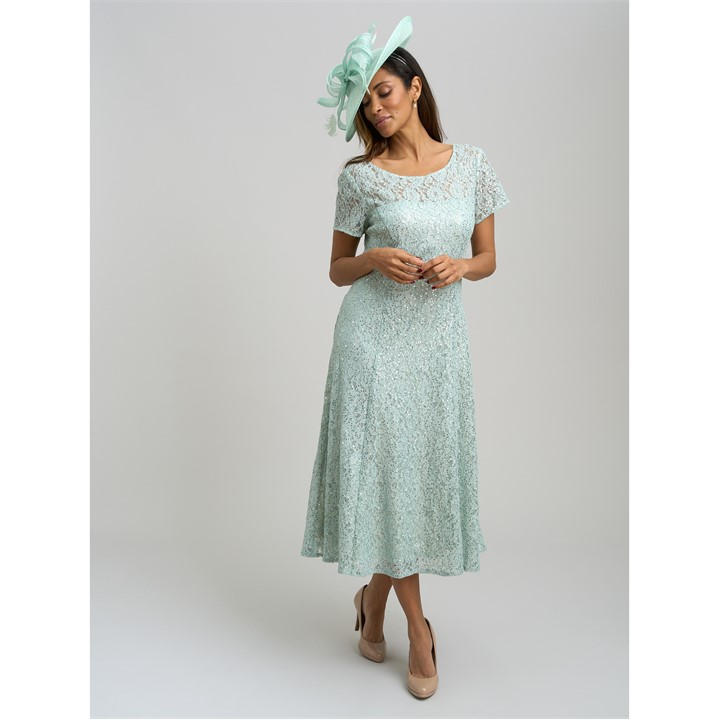 Gina Bacconi Genny Cap Sleeve Midi Sequin Lace Dress - Green