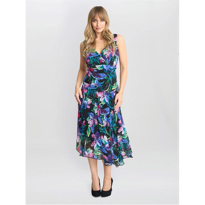 Gina Bacconi Women's Black Lisbeth Floral Print Chiffon Dress Size 14