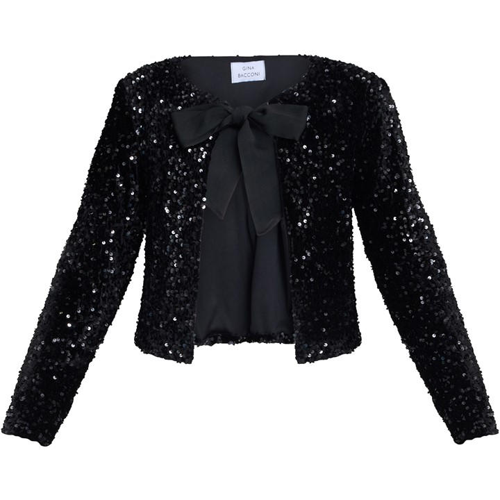 Gina Bacconi Women's Roxy Sequin Round Neckline Tie Bow Jacket - Black