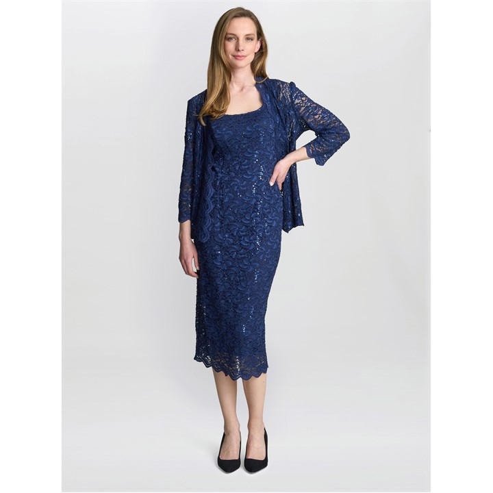 Gina Bacconi Alannah Sequin Lace Shift Dress And Jacket - Blue
