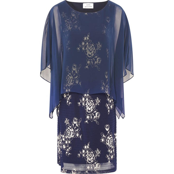 Gina Bacconi Anne Foil Dress With Chiffon Cape - Blue