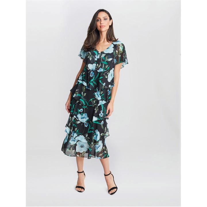 Gina Bacconi Frances Printed Midi Tiered Dress - Blue