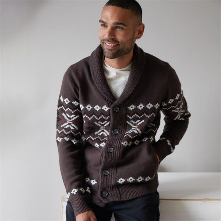 Threadbare Men's Brown Fairisle Shawl Collar Knitted Cardigan Medium