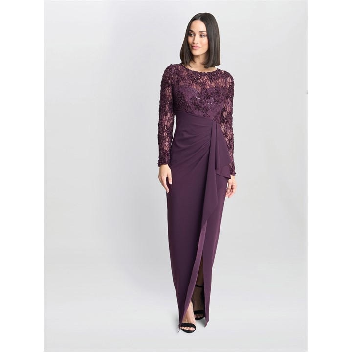 Gina Bacconi Keeley Lace Bodice & Sleeve Maxi Dress - Purple