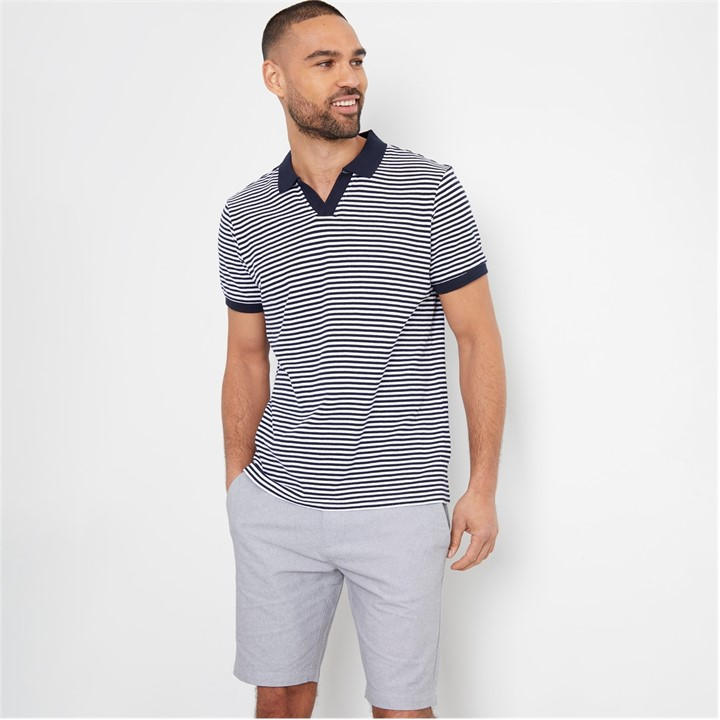 Threadbare Open Collar Striped Pique Polo Shirt In Blue