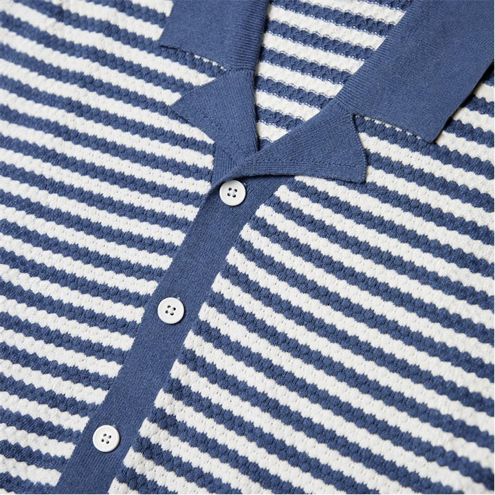 Threadbare Cotton Mix Revere Collar Striped Short Sleeve Knit Blue