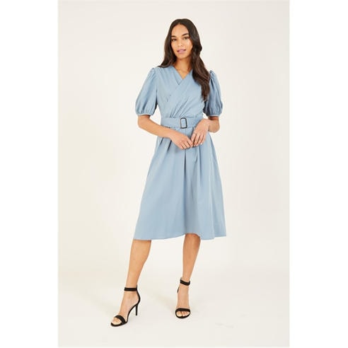 Yumi - Blue Puff Sleeve Wrap Dress