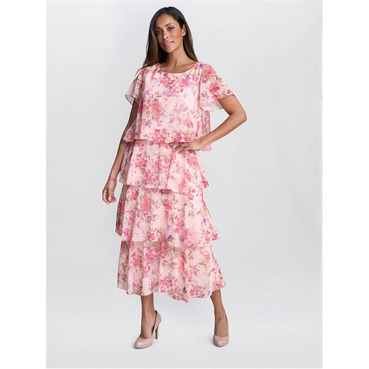 Gina Bacconi Essie Midi Length Printed Tier Dress - Pink