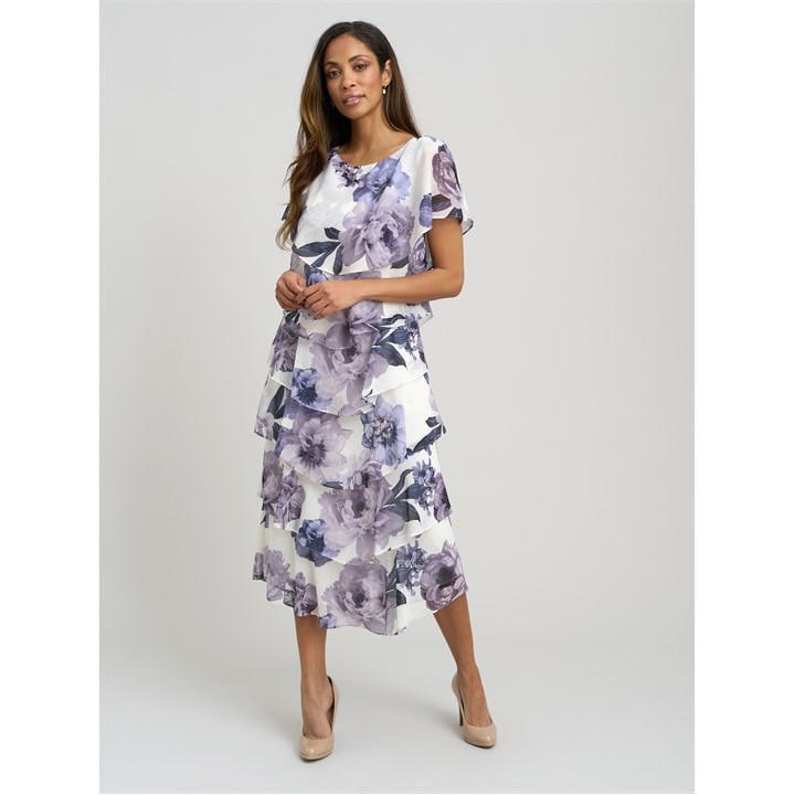 Gina Bacconi Rena Midi Printed Tiered Chiffon Dress - Blue