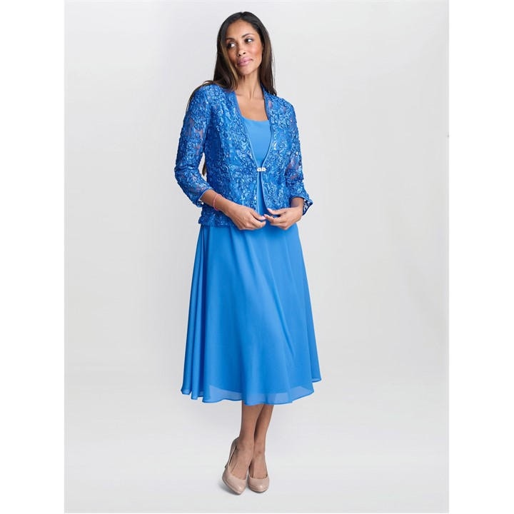 Gina Bacconi ADELE SOUTACHE LACE JACKET CHIFFON DRESS - Blue