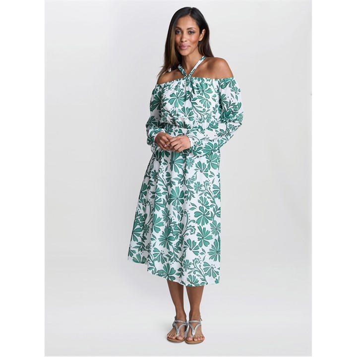 Gina Bacconi RYAN Off Shoulder Midi Dress - Green