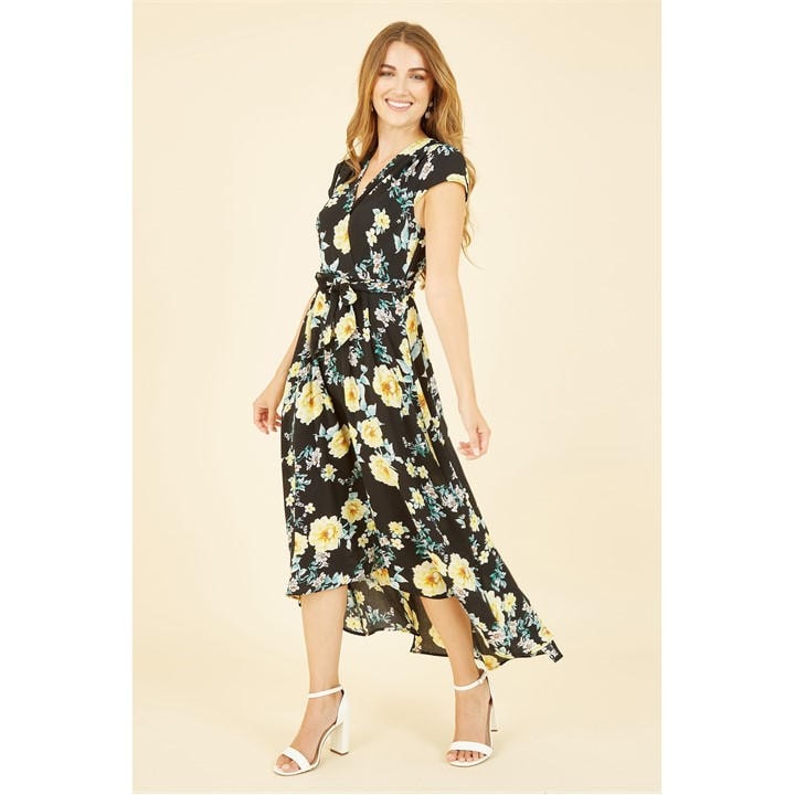 MELA LONDON BLACK FLORAL DIPPED HEM MIDI WRAP DRESS