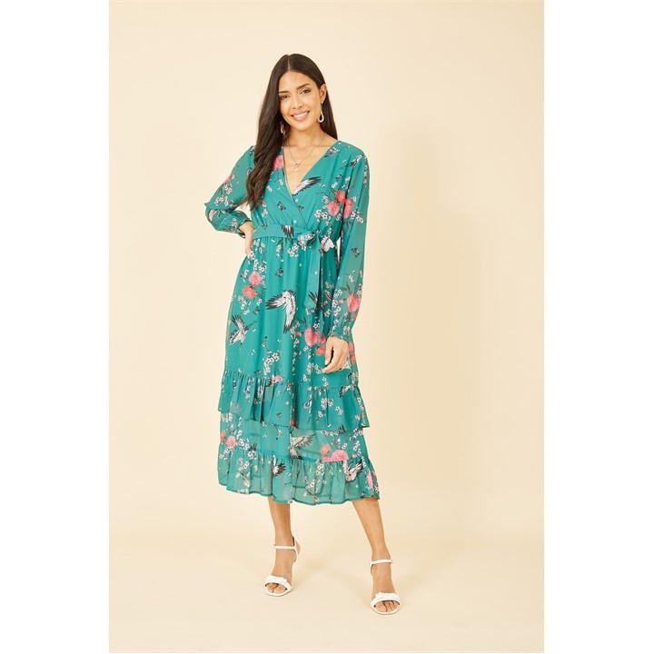 Yumi Green Crane Print Wrap Midi Dress