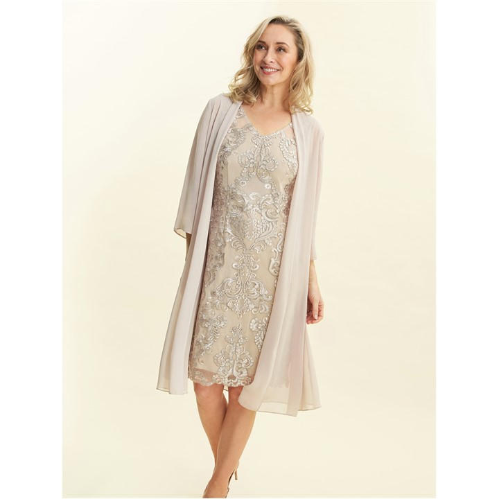Gina Bacconi Joss Embroidered Dress With Jacket - Beige