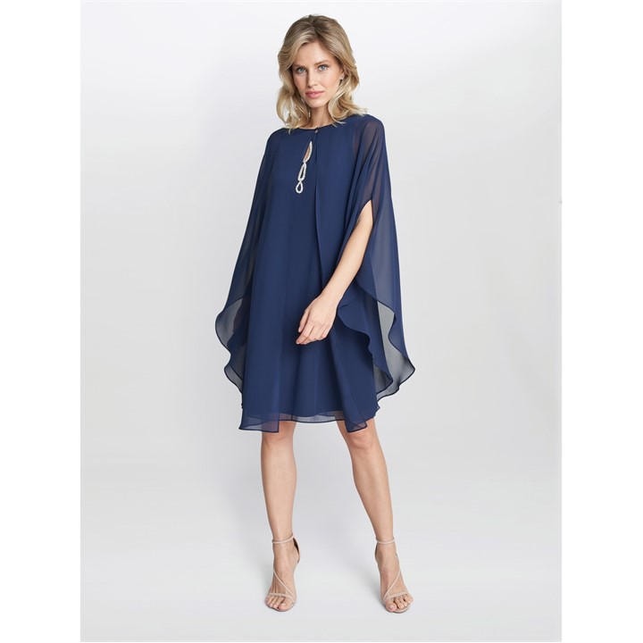 Gina Bacconi Laura Chiffon Cape And Beaded Neck Dress - Blue