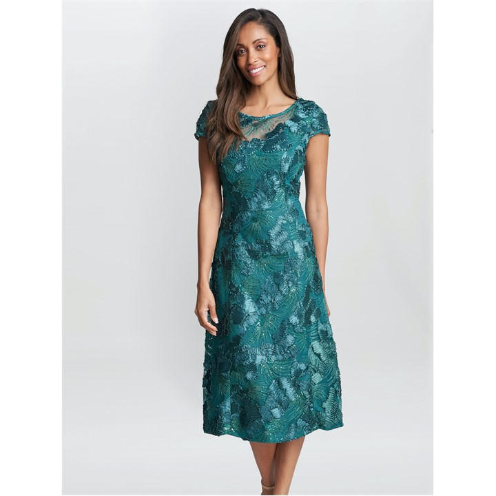 Gina Bacconi Women's Abella Illusion Jewel Floral Party A-Line Dress - Green