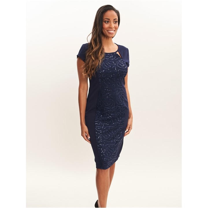 Gina Bacconi Gilly Short Sleeve Sequin Cutout Dress - Blue