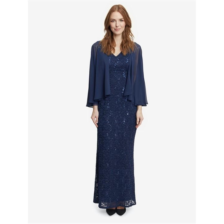 GINA BACCONI JAYDEN LONG FIT AND FLARE V-NECK DRESS