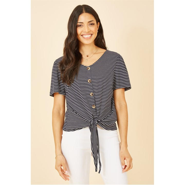 Yumi Navy Striped Jersey Button Detail Top - Blue