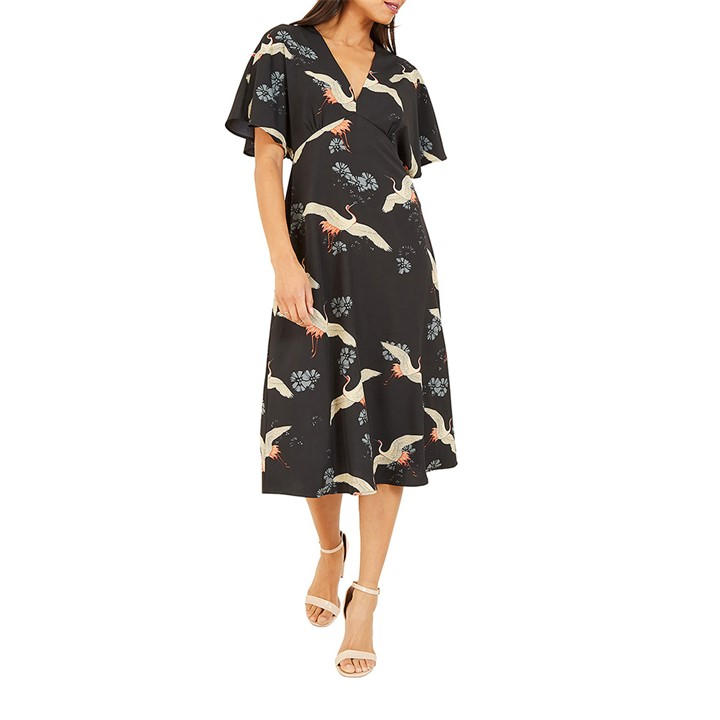 Yumi Black Crane Print Kimono Midi Dress