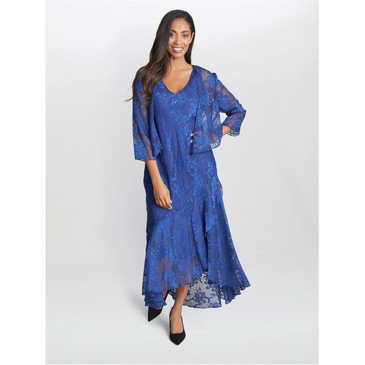 Gina Bacconi Barbara Midi Dress With Cascade Jacket - Blue