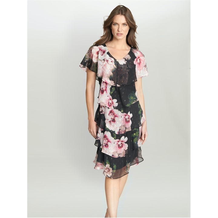 GINA BACCONI OLIVIE PRINTED FLORAL TIER DRESS