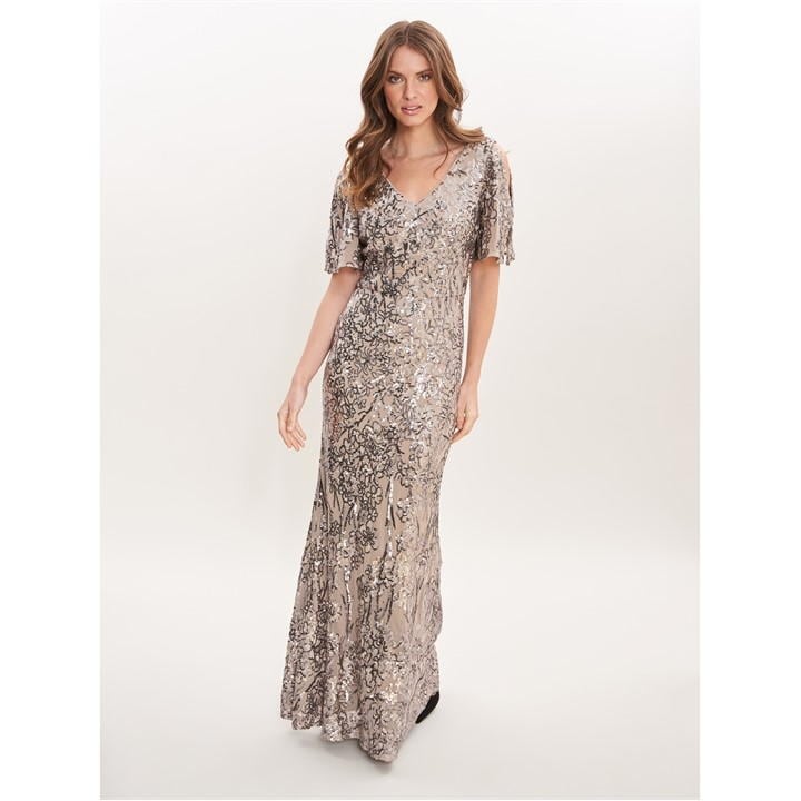 Gina Bacconi Jeselle Long V-Neck A-Line Sequin Dress - Silver