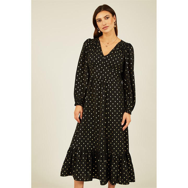Yumi Black Foil Print Long Sleeve Midi Dress