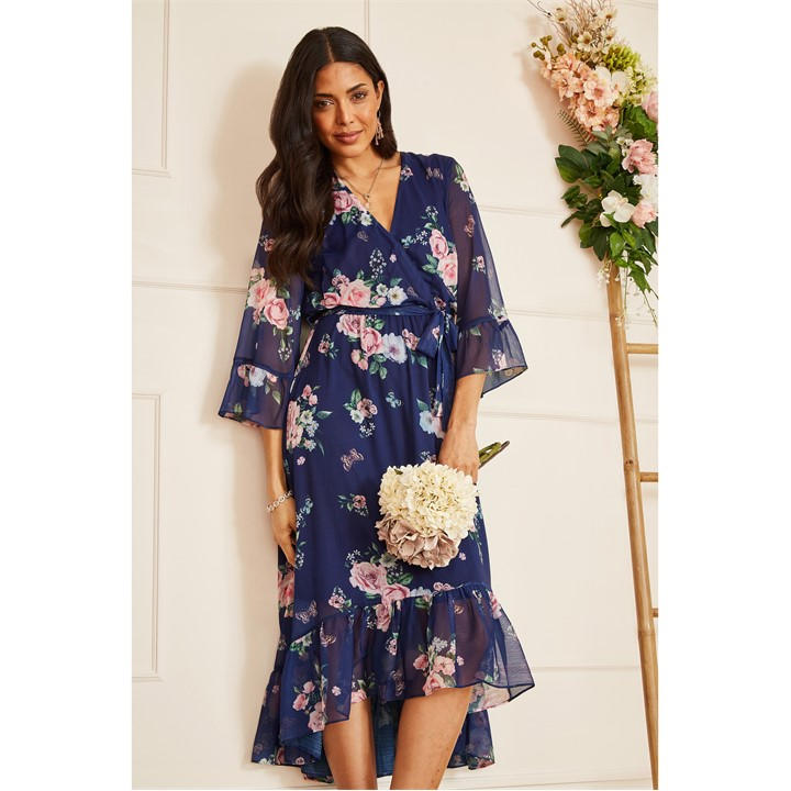 Yumi Navy Floral Wrap Dress With Dipped Hem - Blue