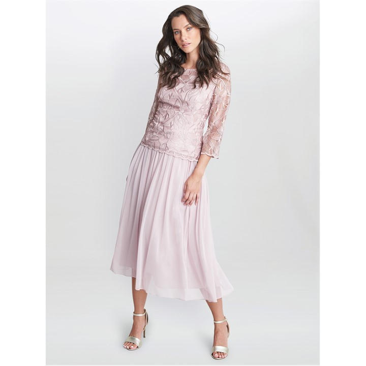 Gina Bacconi Philippa Midi Length Floral Lace Dress In Pink | ModeSens