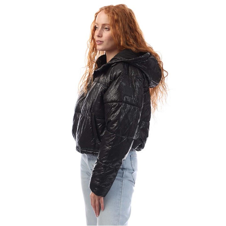 Dkny Crosswalk-print Cropped Hooded Jacket In Black