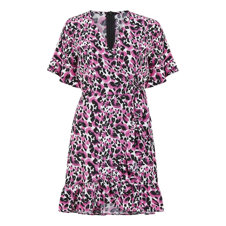 MELA LONDON PINK LEOPARD PRINT WRAP SKATER DRESS