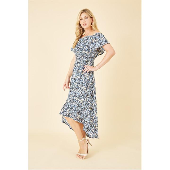 Mela London Blue Floral Ditsy Bardot Midi Dress