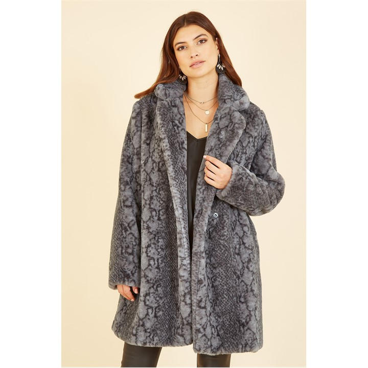 Yumi Women's Grey Snakeskin Print Faux Fur Oversize Collar Mid-Thigh Coat