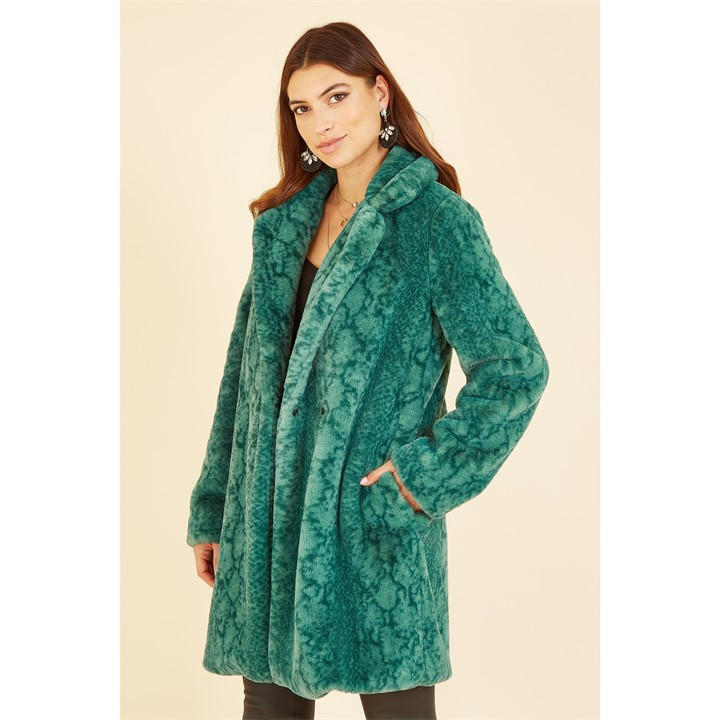 Yumi Women's Green Snakeskin Print Faux Fur Mid Thigh Coat