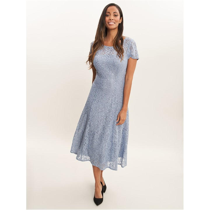 Gina Bacconi Genny Cap Sleeve Midi Sequin Lace Dress - Blue
